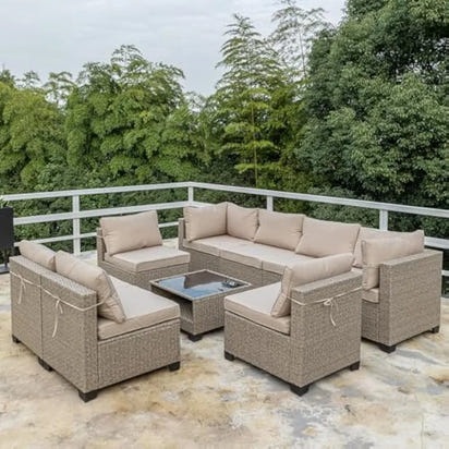 Outdoor Conversation Set Sectional Sofa with Water Resistant Beige Thick Cushions and Storage Table,9-Piece Patio Furniture Set