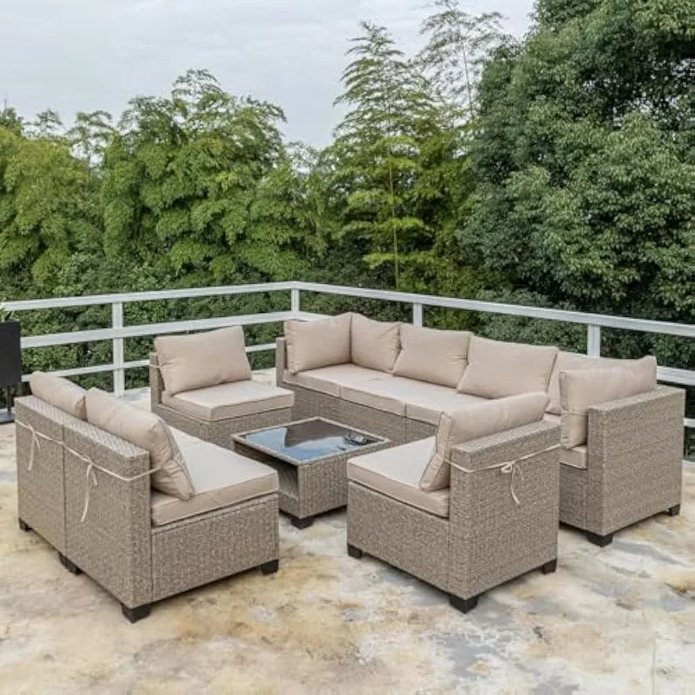 Outdoor Conversation Set Sectional Sofa with Water Resistant Beige Thick Cushions and Storage Table,9-Piece Patio Furniture Set