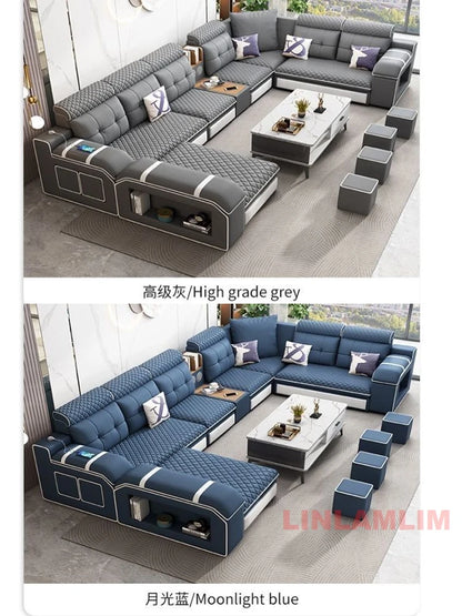 MANBAS Modern U-Shaped Fabric Sectional Sofa with Storage, Adjustable Headrests & USB Charging - Comfortable Quilted Upholstery