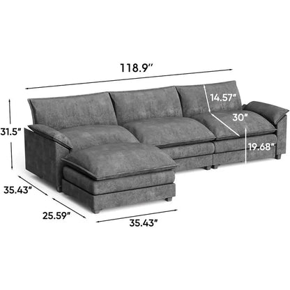 Sectional Sofa with Ottoman, Chenille Fabric, Convertible 3-Seater Couch for Living Room (Gray, L-Shape) | Breathable Material