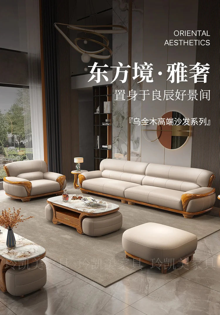 New Chinese ebony leather sofa living room combination size apartment first layer cowhide straight row sofa