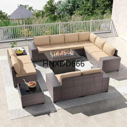 13-Piece Outdoor Patio Furniture Set with 43-Inch Gas Propane Fire Pit Table and Rattan Sectional Sofa
