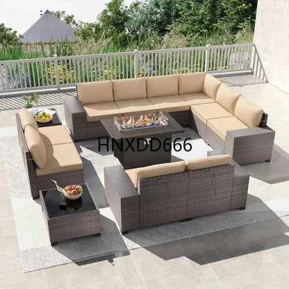 13-Piece Outdoor Patio Furniture Set with 43-Inch Gas Propane Fire Pit Table and Rattan Sectional Sofa