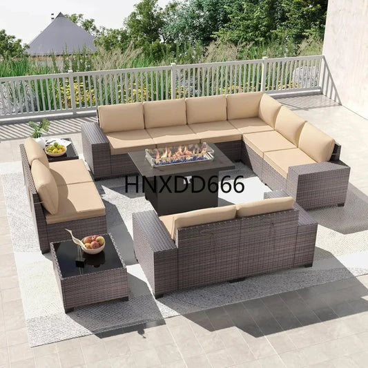 13-Piece Outdoor Patio Furniture Set with 43-Inch Gas Propane Fire Pit Table and Rattan Sectional Sofa
