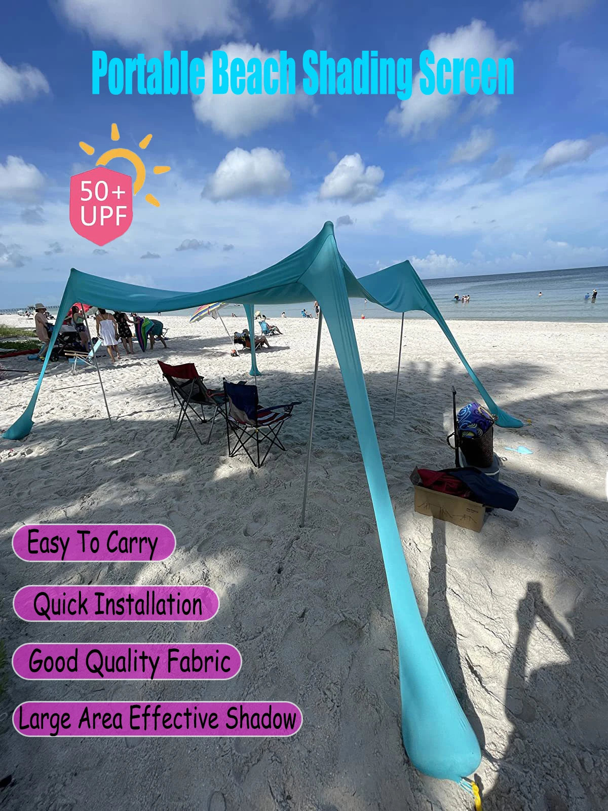 Family Beach Sunshade 2M*2.1M Large Area Lightweight Sun Shade Tent With Sandbag UPF50+ UV Large Portable Beach Canopy