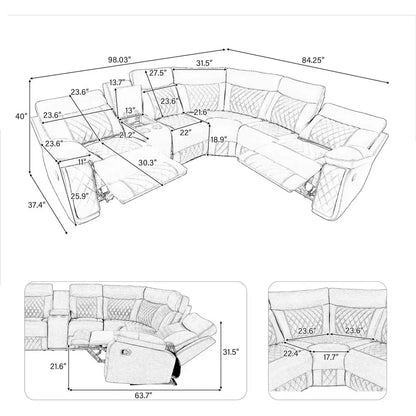 Manual Reclining L-Shaped Leather Sectional Sofa with Storage and Cup Holders for Home Theater Living Room