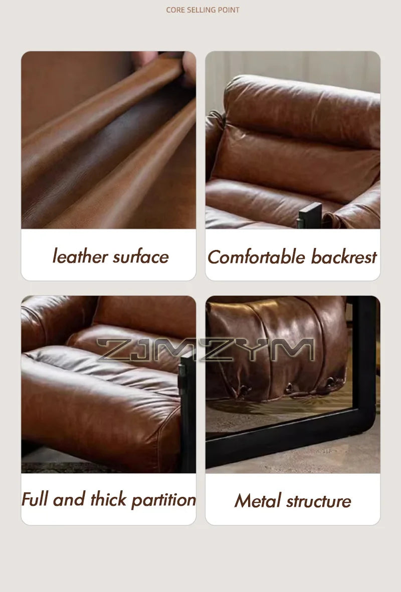 Oil Wax Leather Single Chair Casual Home Sofa Lounge Chairs, Retro Removable Washable Sofa All Solid Metal Base