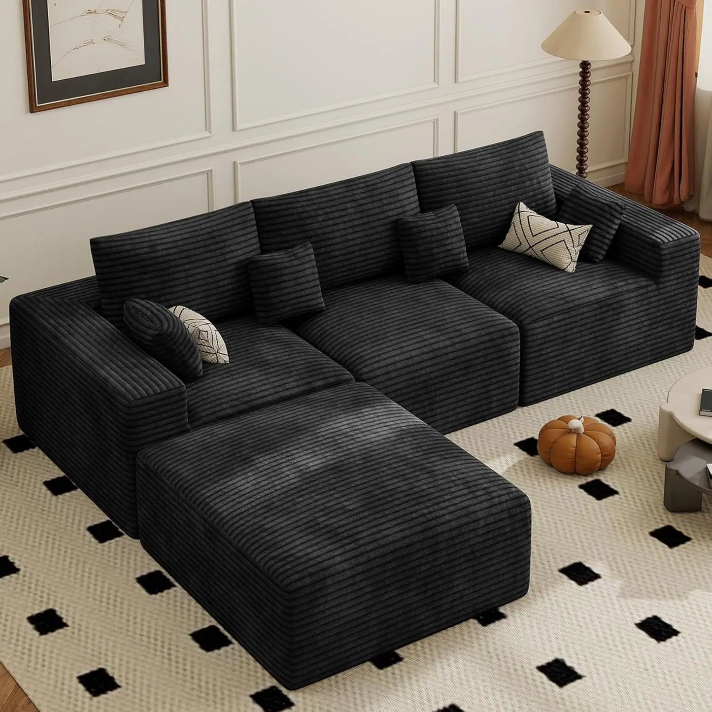 113" Modular Sectional Sofa, Convertible L-Shaped Cloud Couches For Living Room With Ottoman, 4 Seater Corduroy Boneless Couch S