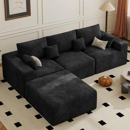 113" Modular Sectional Sofa, Convertible L-Shaped Cloud Couches For Living Room With Ottoman, 4 Seater Corduroy Boneless Couch S