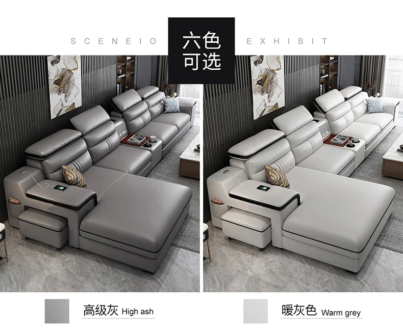 Genuine Leather Sofa Cowhide Modern Wireless Charging Smart Audio Sofa Living Room Corner Combination Divano Home Furniture