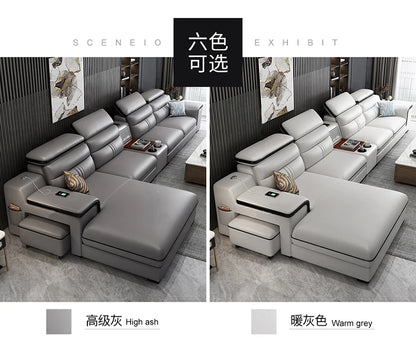 Genuine Leather Sofa Cowhide Modern Wireless Charging Smart Audio Sofa Living Room Corner Combination Divano Home Furniture