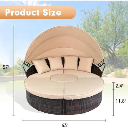 Outdoor Patio Daybed with Retractable Canopy, Wicker Rattan Sectional Round Sofa Furniture Set, 5 Pieces Seating Separates Cushi