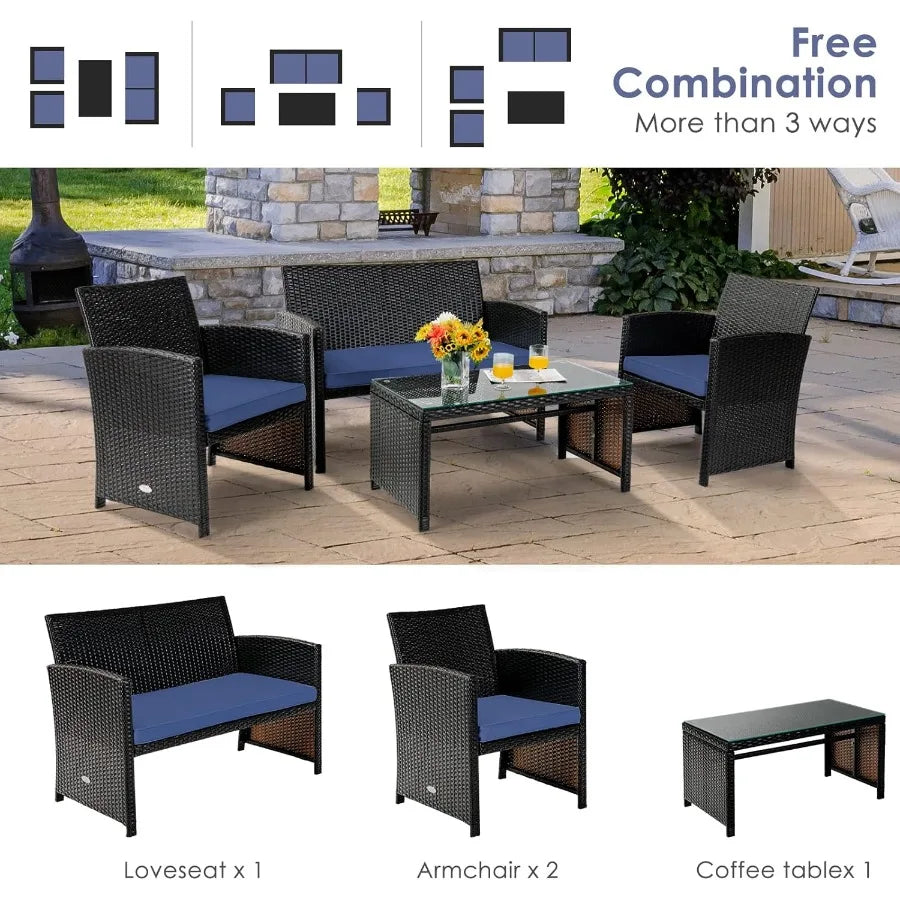 4 Piece Patio Furniture Set Outdoor PE Rattan Wicker Sectional Sofa with Cushion and Coffee Table Patio Conversation Se