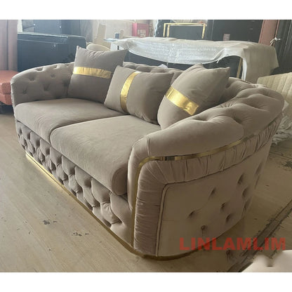 Luxury Chesterfield Sectional Sofa Set with Cloth Buttons and Fabric Modular Couch with Gold Stainless Steel Base, 3-seater Sofa