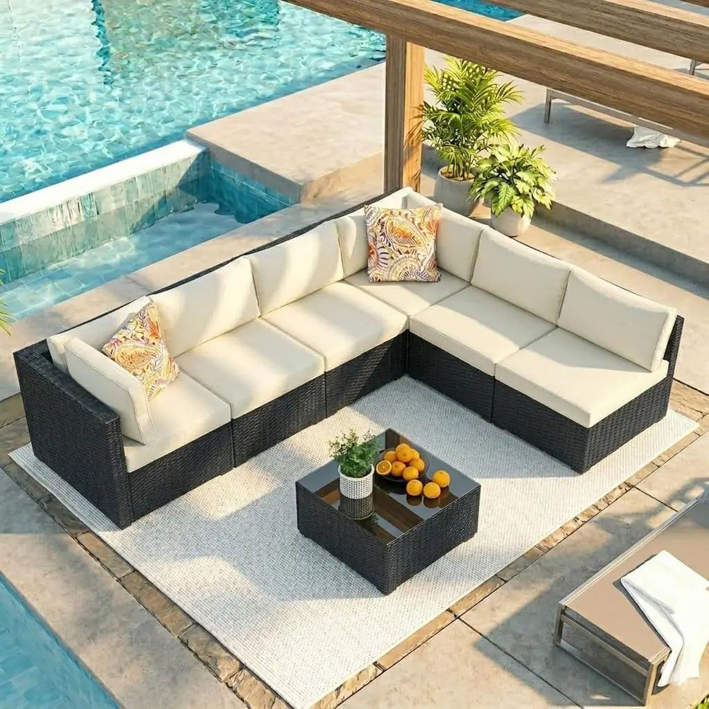 7pc All-Weather Wicker Sectional Sofa Set Modular Rattan Conversation Thick Cushions Glass Table Backyard Poolside Deck Custom