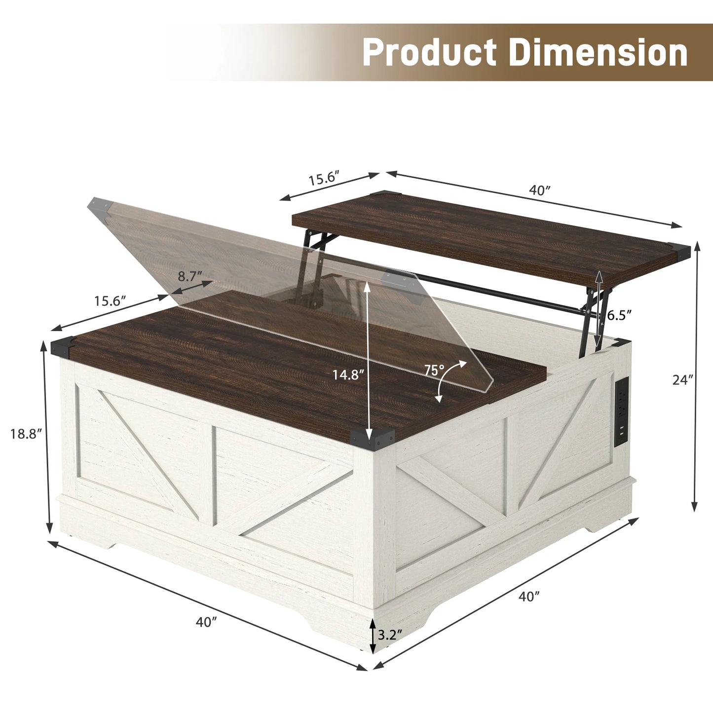 35.6"/40'' Lift Top Coffee Table with Storage, Square Coffee Table for Living Room, Farmhouse Coffee Table with Large Hidden