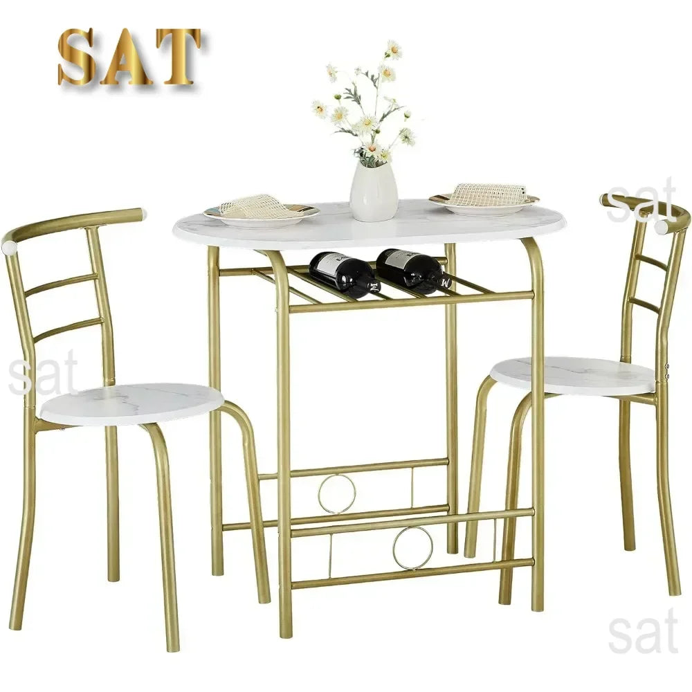 v 3 Piece Small Round Dining Table Set for Kitchen Breakfast Nook, Wood Grain Tabletop with Wine Storage Rack, Save Space, 31.