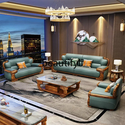 B178 A Imported ebony wood carving flower sofa villa new Chinese modern simple first layer leather sofa