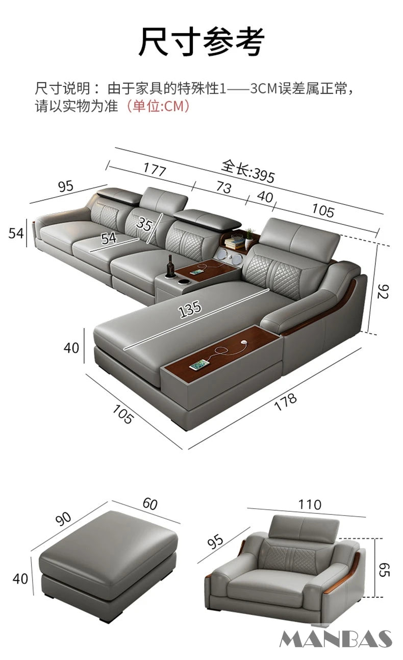 Stylish Italian Genuine Leather Sofa for Living Room with Cup Holder, USB, Adjustable Headrests & Bluetooth Speaker - Linlamlim