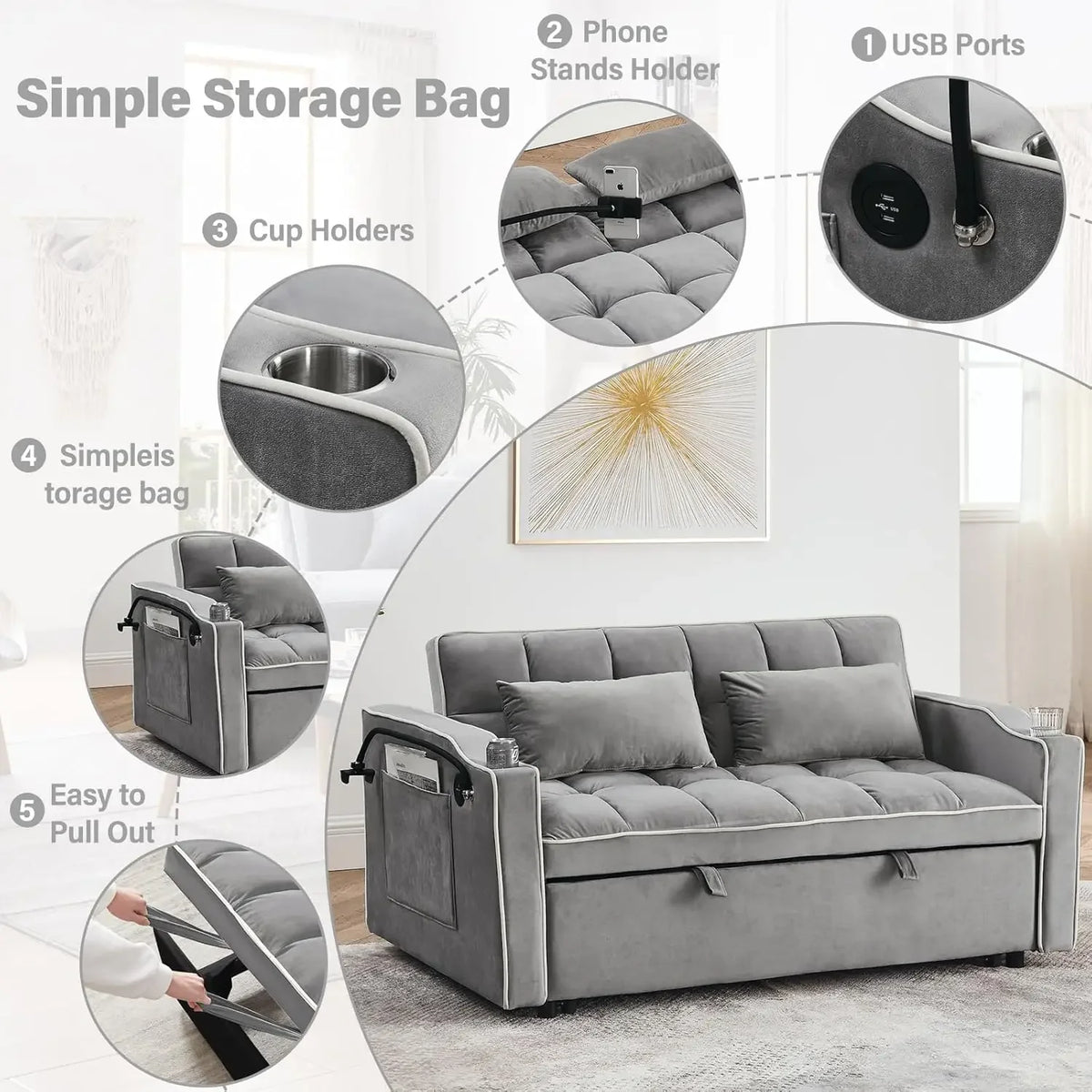 3-in-1 Velvet Sleeper Sofa, Pull-Out Bed, Adjustable Backrest, 55 Loveseat Bed