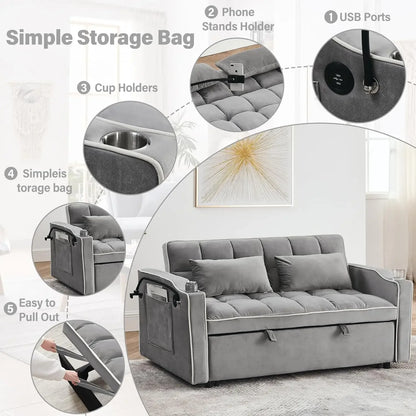 3-in-1 Velvet Sleeper Sofa, Pull-Out Bed, Adjustable Backrest, 55 Loveseat Bed