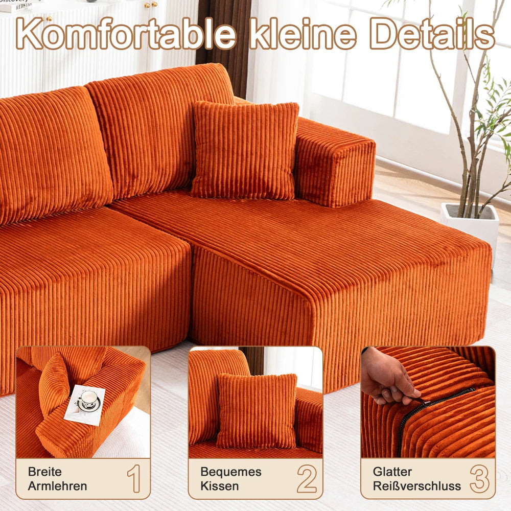 Living Room Boneless Modular Sofa, Corduroy Fabric, Modern U-shaped Leisure Sofa, High-density Sponge, No Assembly, for Home