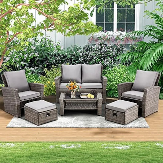 6 Pieces Patio Furniture Set, Outdoor Sectional Conversation Rattan Sofa Set with Ottoman and Outdoor Storage Table for Garden,