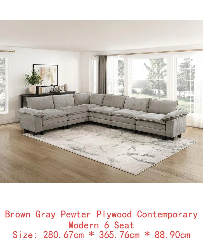 Modern 6-Piece Modular Sectional Sofa Set in Plush Chenille Upholstery for Comfortable Living Room Furniture - Durable Plywood