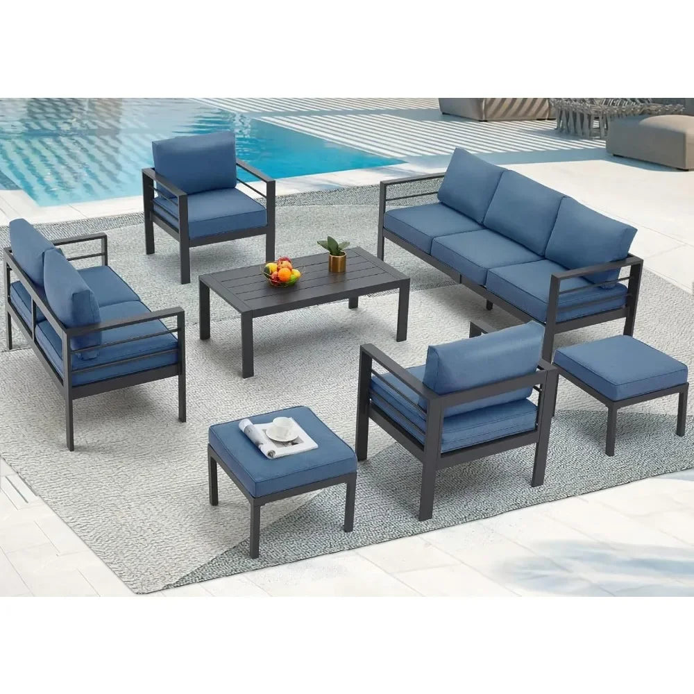 Aluminium modern patio furniture with coffee table, 7-piece outdoor conversation set, dark grey cushions, suitable for balcony