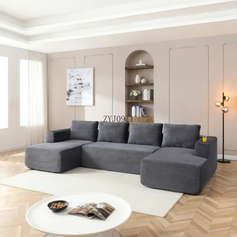 132-Inch boneless sofa, modern corduroy U-shaped modular section sofa, comfortable sofa with cup holder