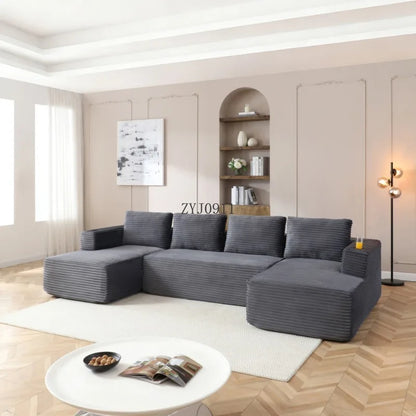 132-Inch boneless sofa, modern corduroy U-shaped modular section sofa, comfortable sofa with cup holder
