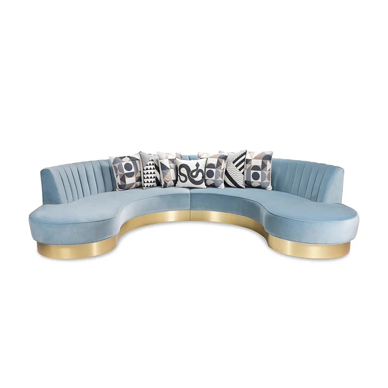 Ensemble de canapé moderne incurvé demi-lune en forme de U, meubles ronds de salon en tissu rond en forme de C, pied doré en acier inoxydable