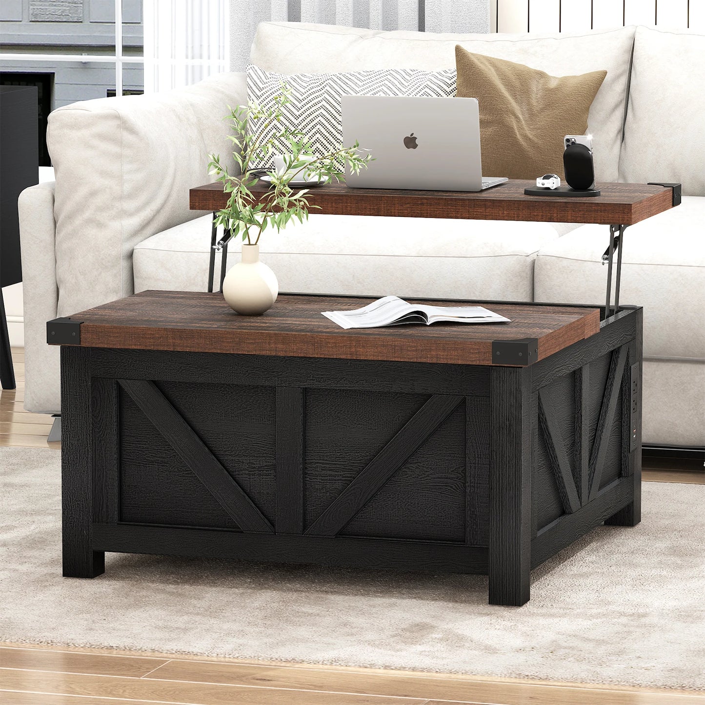 35.6"/40'' Lift Top Coffee Table with Storage, Square Coffee Table for Living Room, Farmhouse Coffee Table with Large Hidden