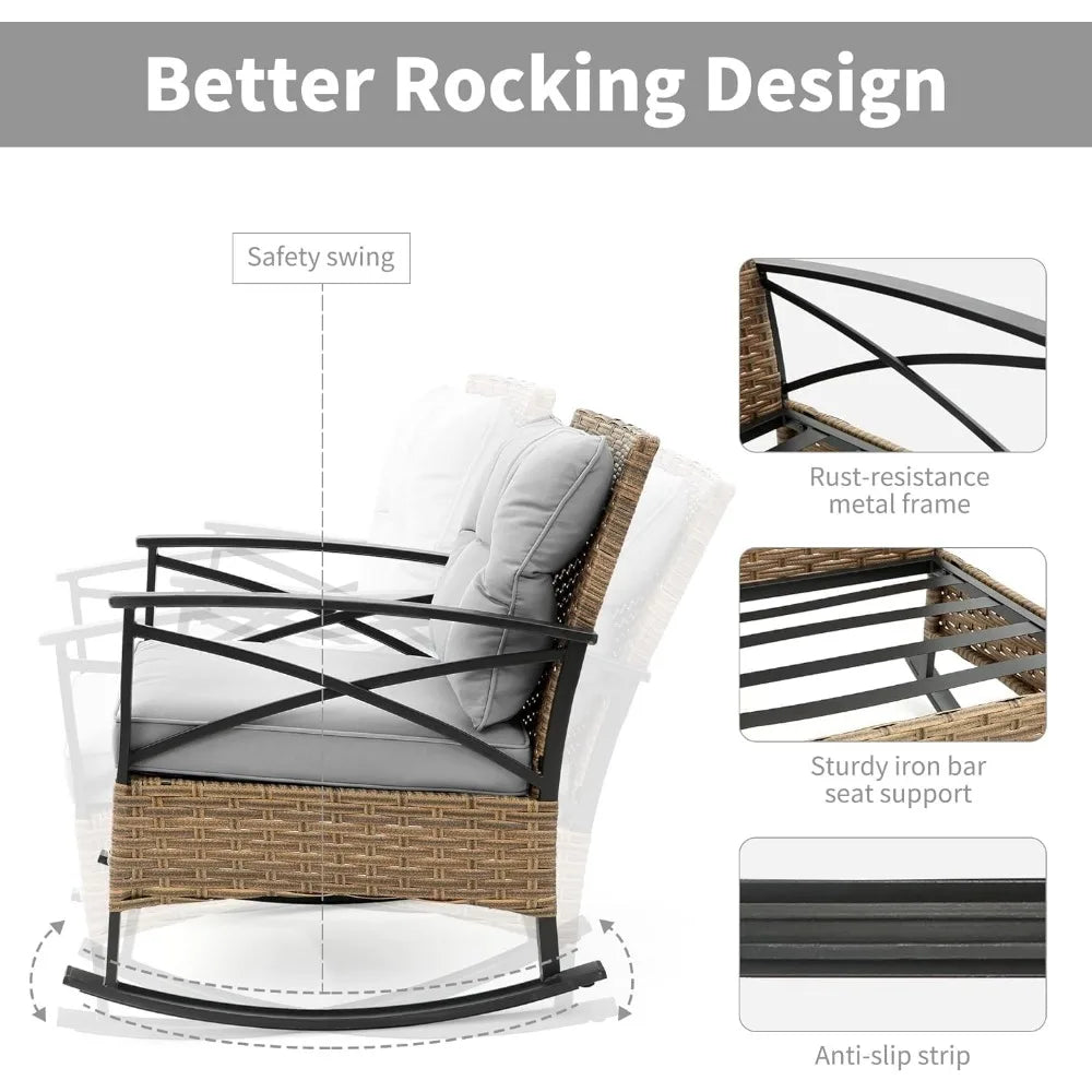 outdoor rocking chairs set - 3 pieces grey patio bistro set outside furniture 2 wicker rocker chairs with grey cushions and tabl