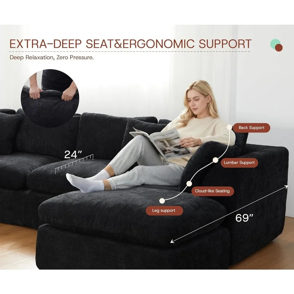 110''Oversized Modular Sectional Sofa Chenille Deep Seat Memory Foam L Shape Ottoman 2 Pillows Washable Cover Living Room Custom