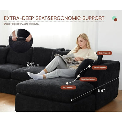 110''Oversized Modular Sectional Sofa Chenille Deep Seat Memory Foam L Shape Ottoman 2 Pillows Washable Cover Living Room Custom