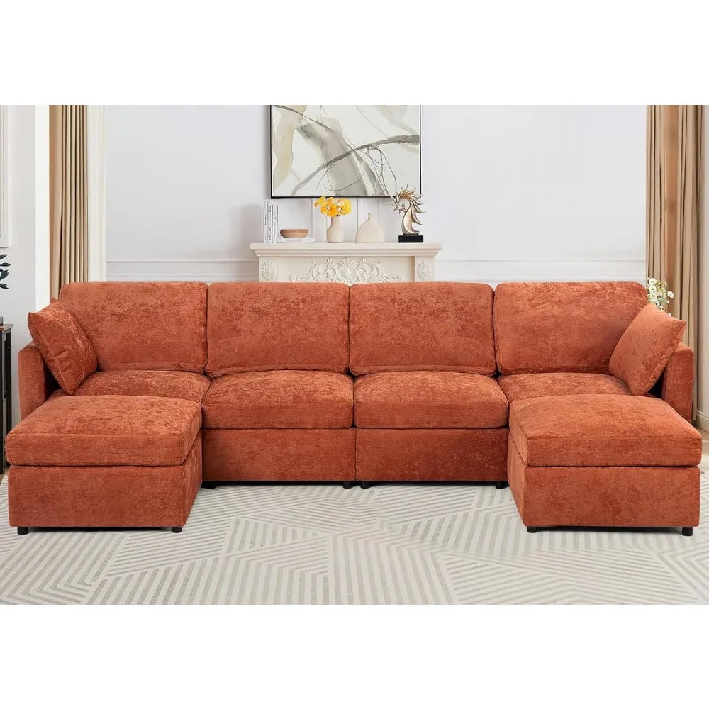 110” Chenille 4 Seater Sofa W/Movable Ottomans, Modern Fabric U-Shaped Couch w/Soft Backrests, Upholstered Sectional Sofa w/Arm