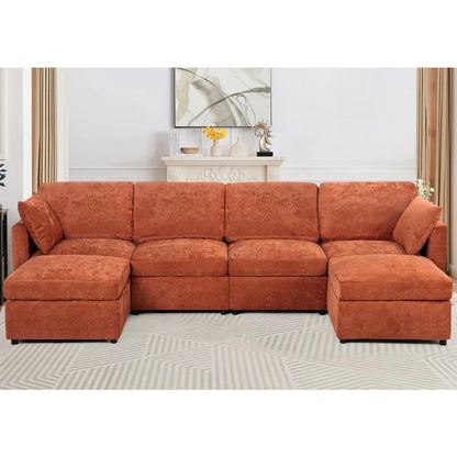 110” Chenille 4 Seater Sofa W/Movable Ottomans, Modern Fabric U-Shaped Couch w/Soft Backrests, Upholstered Sectional Sofa w/Arm