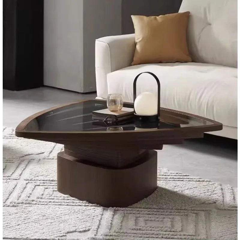Table basse en verre de Style moderne, forme triangulaire, cadre en bois, Table à thé pour le salon