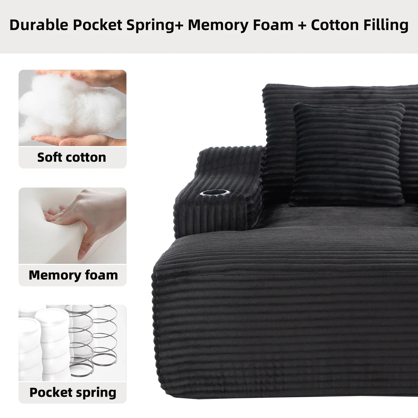 67 Inch Chaise Lounge Chair Indoor, Oversized Corduroy Upholstered Boneless Sofa Bed, Cloud Sofas Couches for Living Room