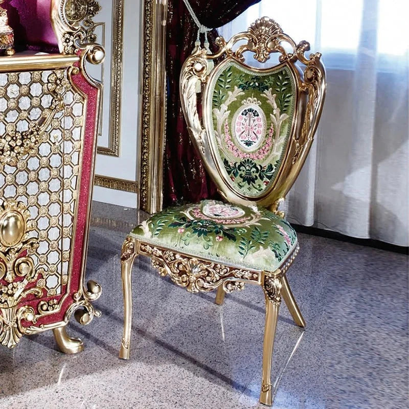 French Royal Baroque Dining Set — Hand-Carved Solid Wood Table with Upholstered Chairs, Luxury Gold for Villa/Hotel