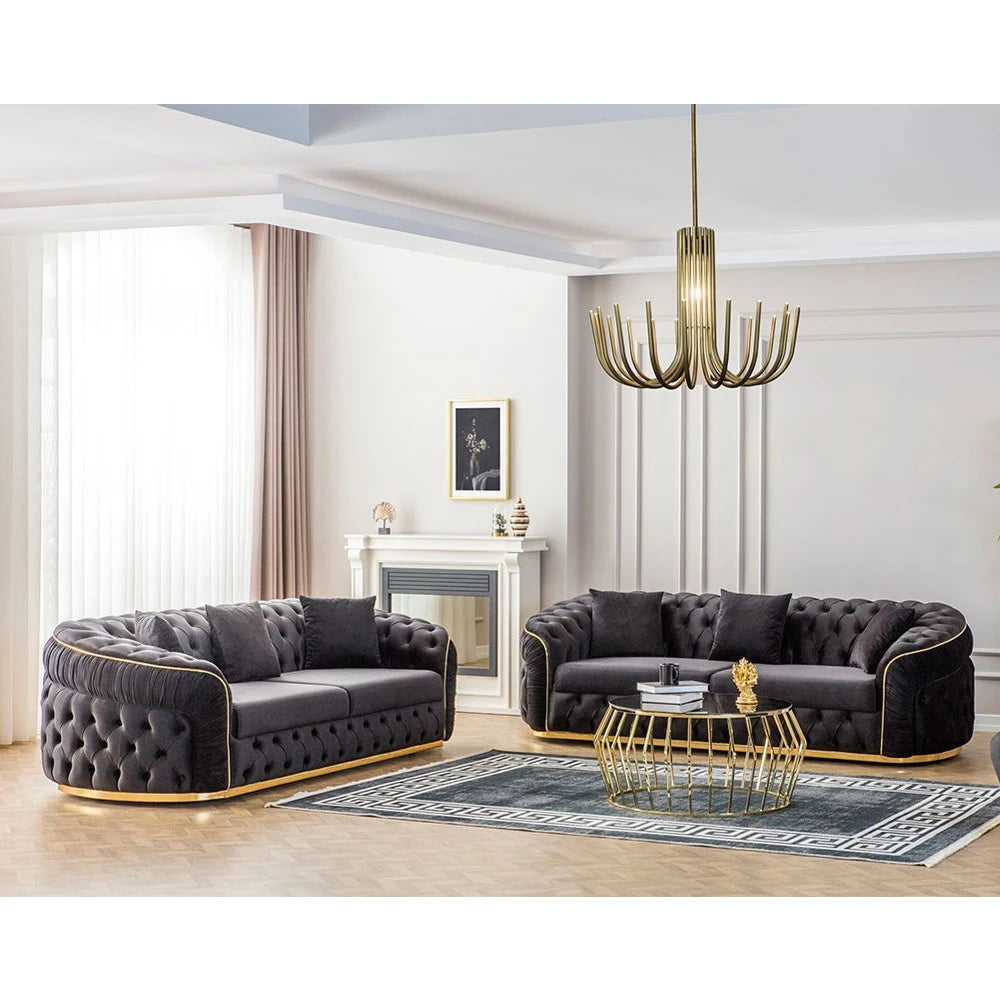 Luxury Chesterfield Sectional Sofa Set with Cloth Buttons and Fabric Modular Couch with Gold Stainless Steel Base, 3-seater Sofa