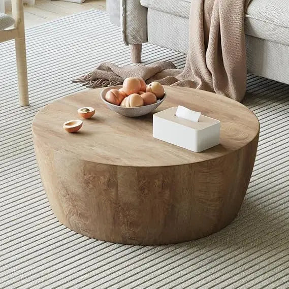Rustic Drum Coffee Table for Living Room Round Center Table Modern Drum-Shape Wooden Cocktail Table for Home Office - Fully Asse
