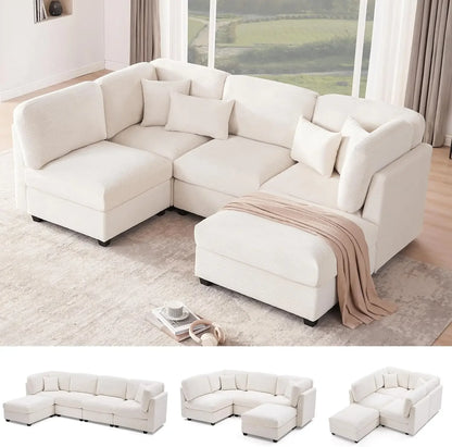 "large 125 inch u-shaped corduroy modular sofa with storage and 6 convertible seats"