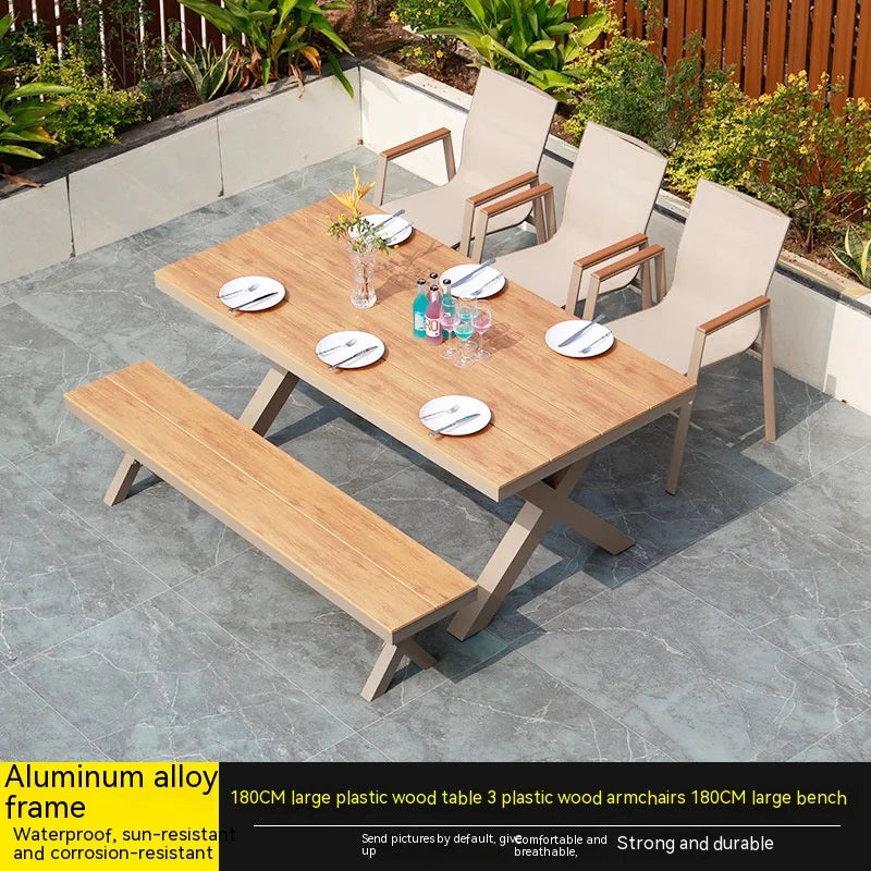 #Modern Outdoor Aluminum Chair Wood Metal Frame Villa Patio Garden Table Chair Set For Dining Courtyard Leisure