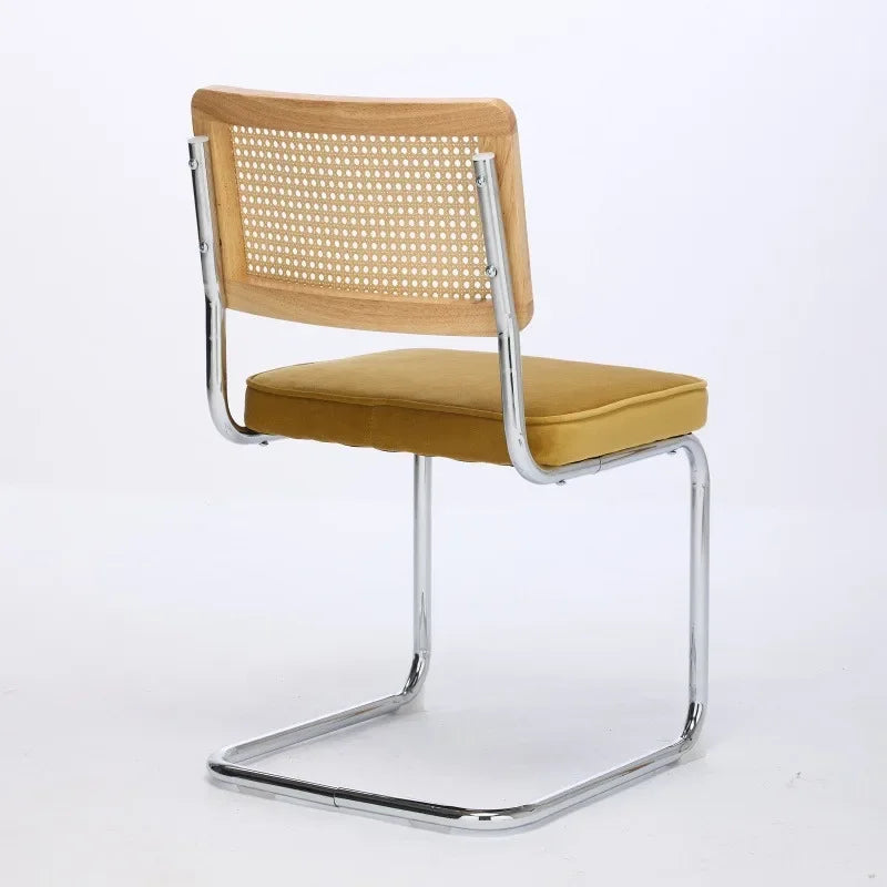 mid Century Modern Dining Chairs Set of 2 Velvet Accent Chairs Natural Cane Back Stainless Chrome Base Breuer De Famous Design