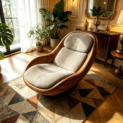 Modern Luxury Swivel Accent Chair with Sculptural Walnut Frame and Soft Boucle Upholstery