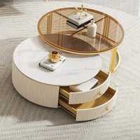 l # Modern Living Room Furniture Gold Base Stainless Steel Coffee Table White Stone Two Pieces Round Coffee Table And Tv Stand
