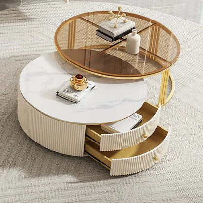 l # Modern Living Room Furniture Gold Base Stainless Steel Coffee Table White Stone Two Pieces Round Coffee Table And Tv Stand