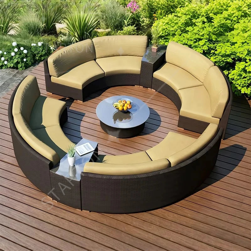 Outdoor Round Rattan Sofa Set Stay Garden Courtyard Curved Rattan Sofa Sectional for Home Outdoor Furniture Modern Patio Set